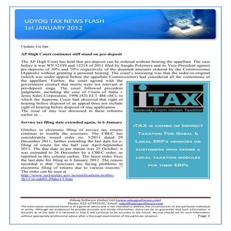 Udyog Tax News Flash  1st Jan12