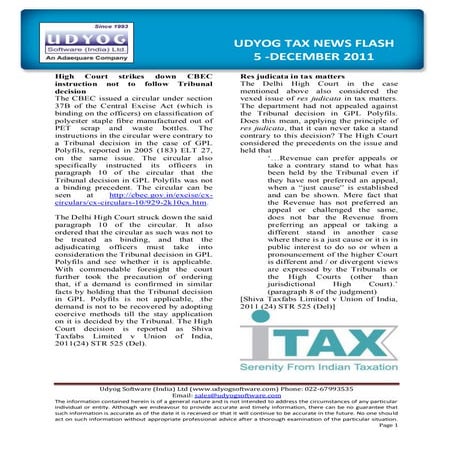 Udyog Tax News Flash  5 Dec11