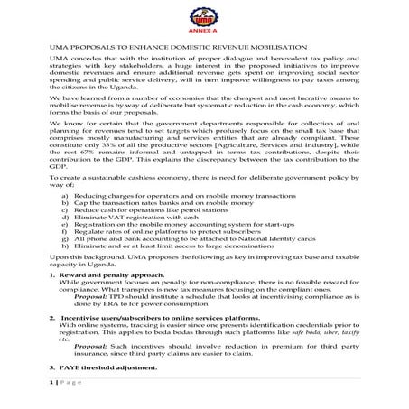 Uganda Manufacturers Association (UMA) proposals to enhance domestic revenue mobilisation