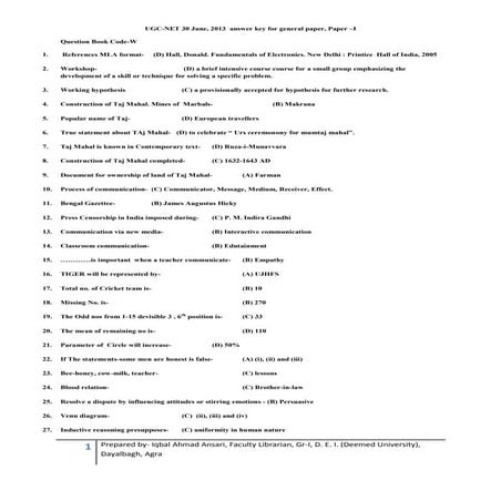 Ugc net 30 june, 2013 first paper answer key