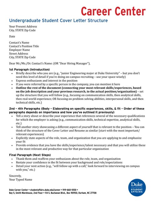 Undergraduate Student Example Cover Letters