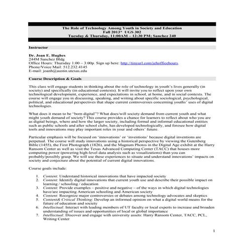 UGS 302 Syllabus: The role of technology among youth in society and education...