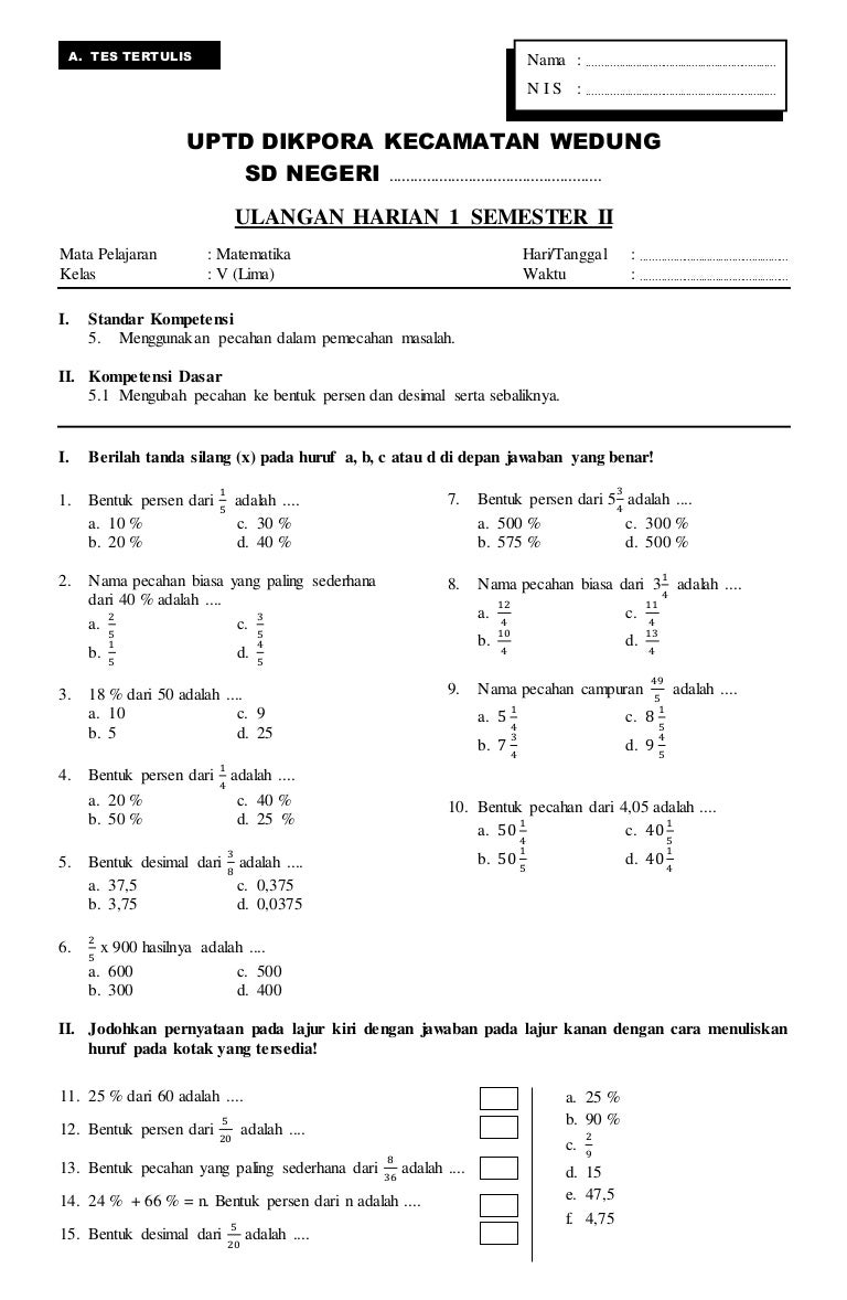 Uh1 Matematika Kelas V