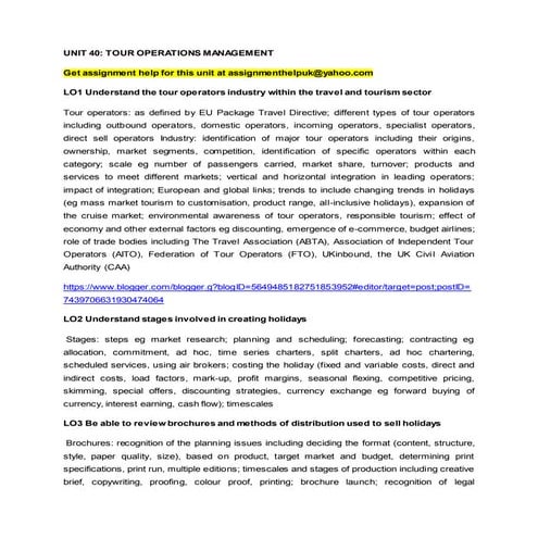 UNIT 40: TOUR OPERATIONS MANAGEMENT