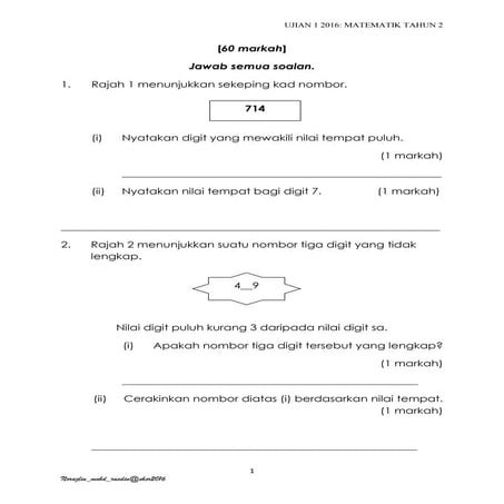 Matematik Tahun 2 Ujian 1 Kertas 2