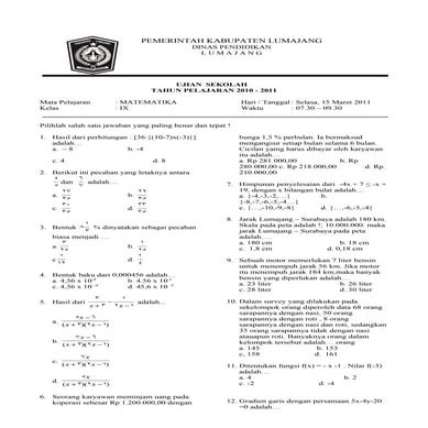Ujian akhir matematika sekolah smp