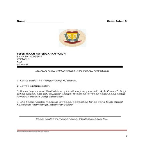 MID YEAR EXAMINATION: ENGLISH YEAR 3. MAY 2014