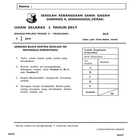UJIAN SELARAS BAHASA MELAYU TAHUN3