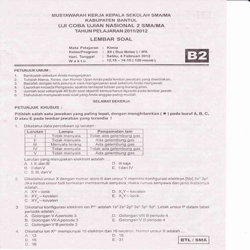 Soal Uji Coba UN 2012 Paket B2 Kab.Bantul
