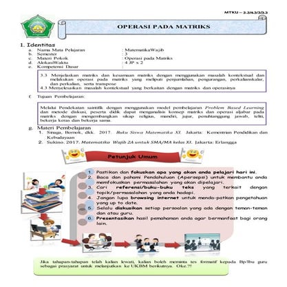 Ukbm kd 3.3 4.3 operasi matriks