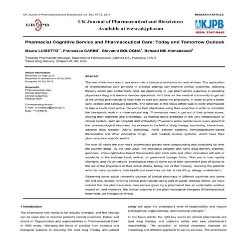 Research article Pharmacists cognitive service and pharmaceutical care today ...
