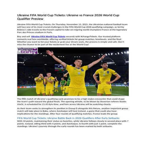 Ukraine FIFA World Cup Tickets Ukraine vs France 2026 World Cup Qualifier Pre...