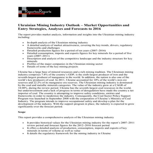 Ukrainian mining industry outlook – market opportunities and entry strategies...