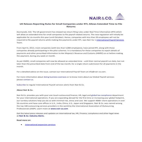 UK Relaxes Reporting Rules for Small Companies under RTI; Allows Extended Tim...