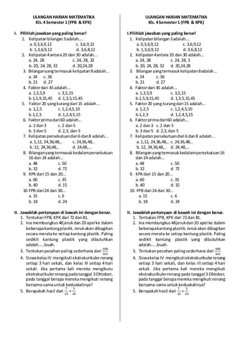 Ulangan Harian Matematika Fpb Kpk