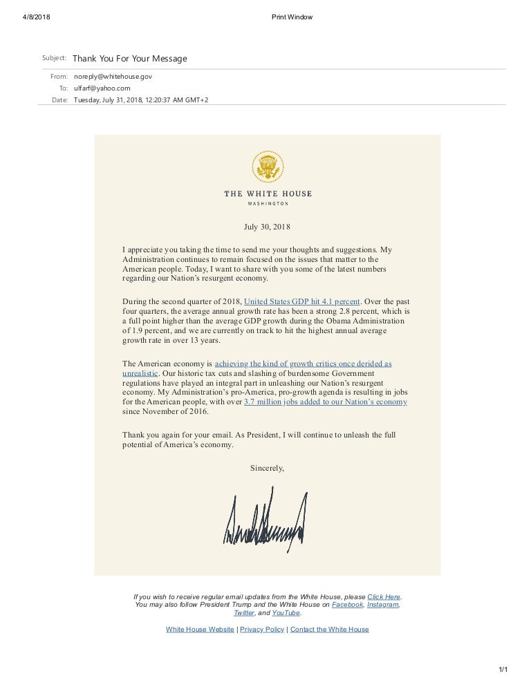 Ulfarf thank you letter from Donald Trump Ulfarf thank you letter from Donald Trump