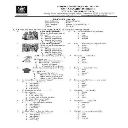 Soal Ulangan Bahasa Inggris kelas 8