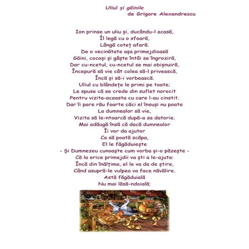 „Uliul și găinile” de Grigore Alexandrescu