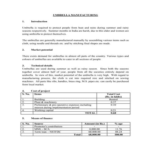 Umbrella manufacturing cost | PDF