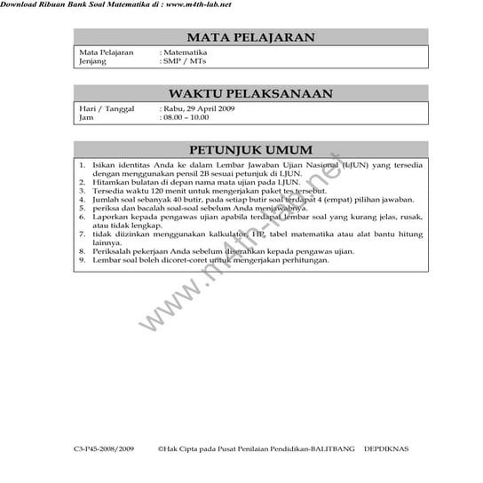 SOAL UN MTK TAHUN 2009