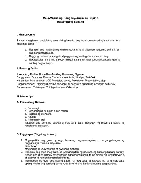 mala-masusing banghay aralin sa filipino-lumbria