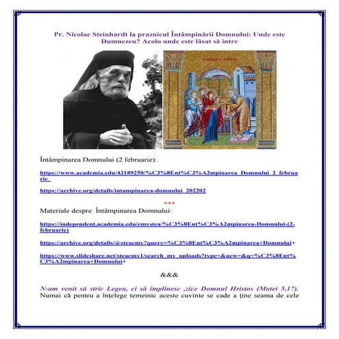 Întâmpinarea Domnului - Pr. Nicolae Steinhardt la praznicul Întâmpinării Domn...