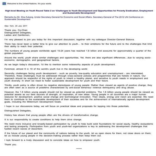 High-level Meeting on Youth Round Table 2 on ‘Challenges to Youth Development...