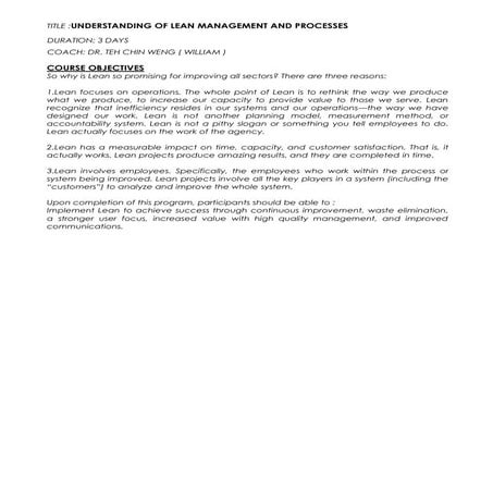 Undersstanding of lean mananagement & processes course content sign
