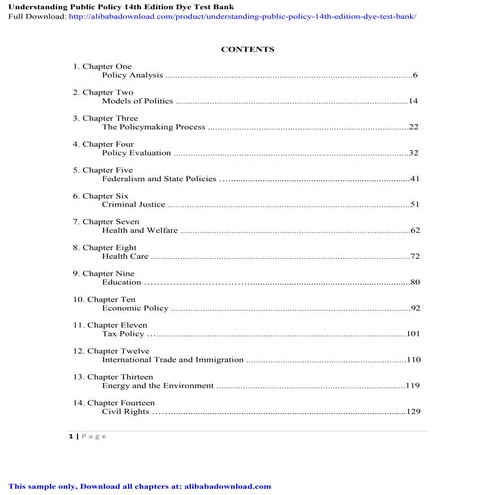 Understanding Public Policy 14th Edition Dye Test Bank