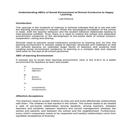 Understanding ABCs of Social Environment of School Conducive to Happy Learning