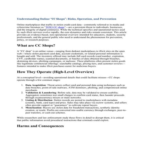 Understanding Online “CC Shops”: An Updated, Non-Operational Overview