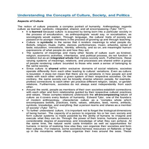 Understanding the concepts of culture, society and politics