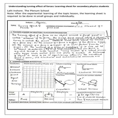 Understanding turning effect of forces: Learning sheet for secondary physics students