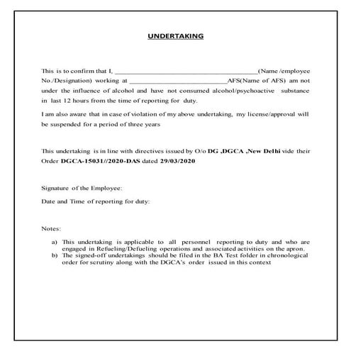 Undertaking for ba test