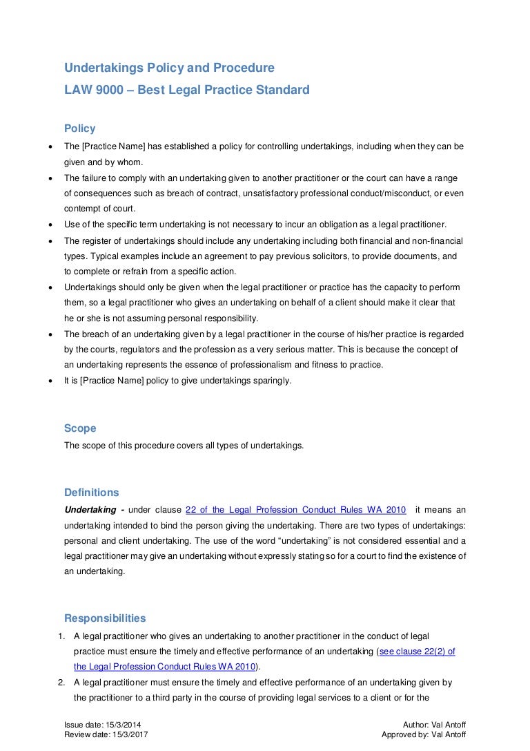 Undertakings Policy for Law Firms