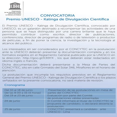 CONVOCATORIA Premio UNESCO - Kalinga de Divulgación Científica