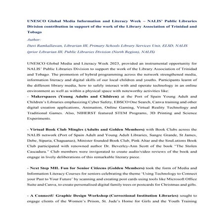 UNESCO GMIL Week – NALIS’ Public Libraries Division support of the Library As...