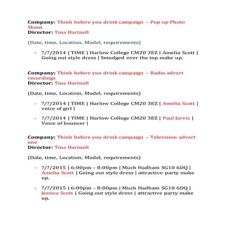 Unfinished call sheet