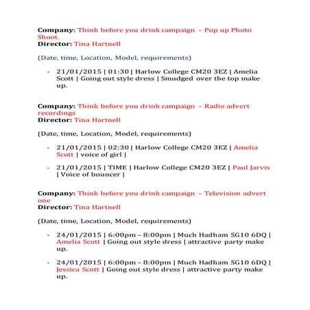 Unfinished call sheet