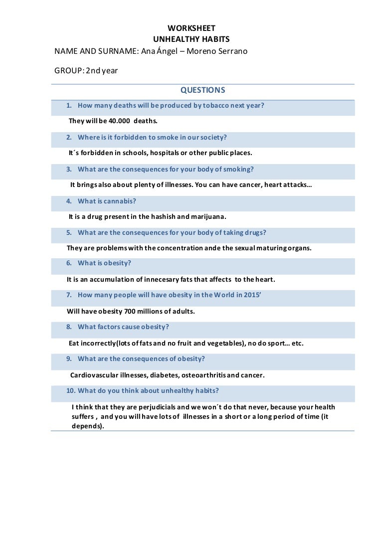 Unhealthy habits worksheet