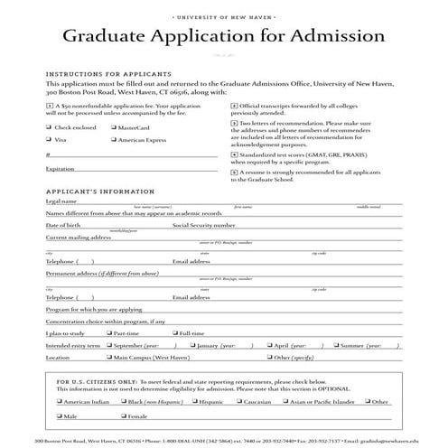 University of New Haven Graduate School Application