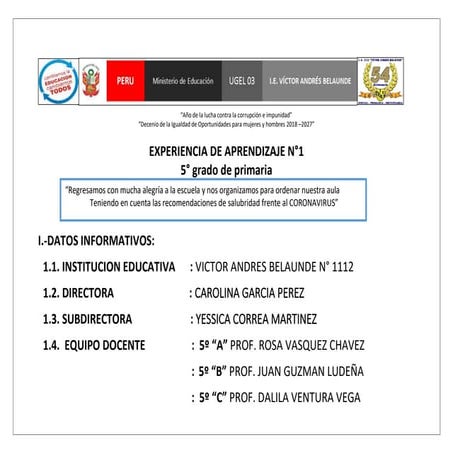 UNIDAD DIDACTICA Nº 1 -  2020 -  QUINTO GRADO PRIMARIA - VAB
