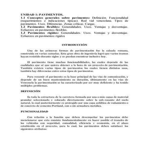 Unidad 1 y 2 el pavimento y sus componentes