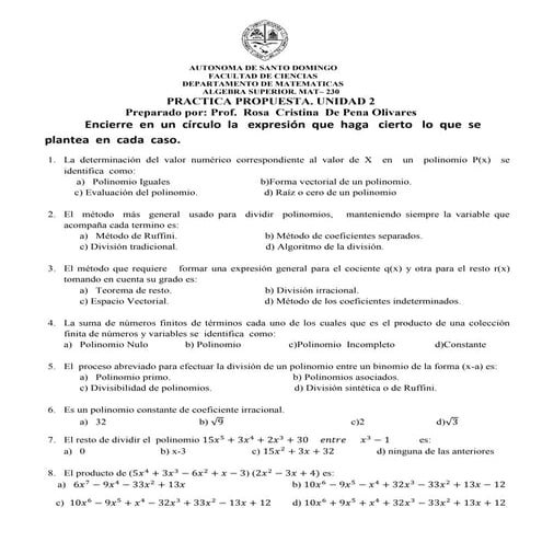 Unidad 2 . Seleccion sobre Polinomios