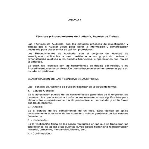 Unidad 4. tecnicas y procedimientos de auditoria | PDF