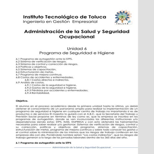 Unidad 6 "Programa de seguridad e higiene" administracion de la salud y segur...