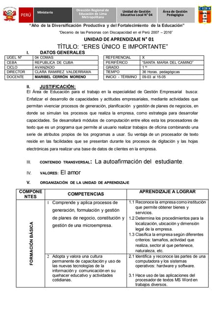Unidad de aprendizaje DE EDUCACIÓN PARA EL TRABAJO(primero) I BIMESTRE 