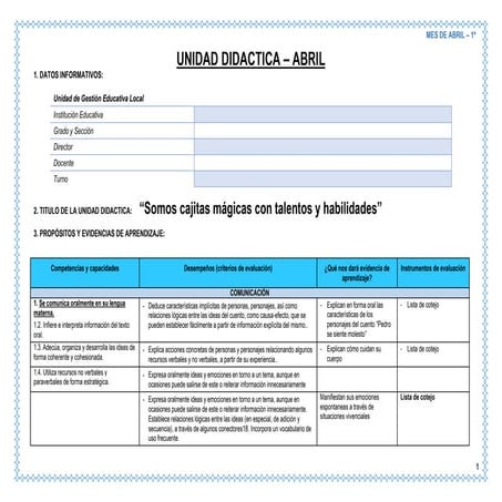 UNIDAD DE APRENDIZAJE PRIMER GRADO DEL MES DE ABRIL | DOCX