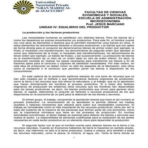 Unidad IV Equilibrio del Productor 