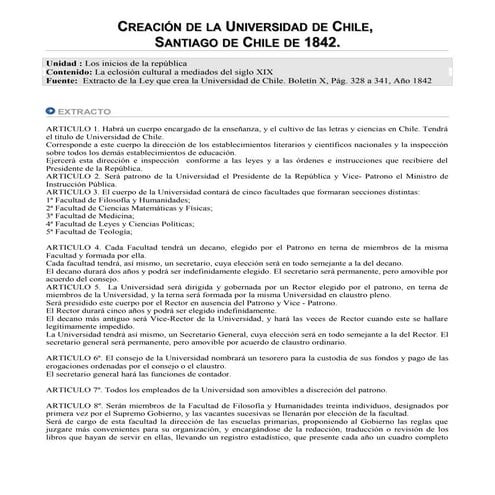 CREACIÓN DE LA UNIVERSIDAD DE CHILE, SANTIAGO DE CHILE DE 1842. | DOC